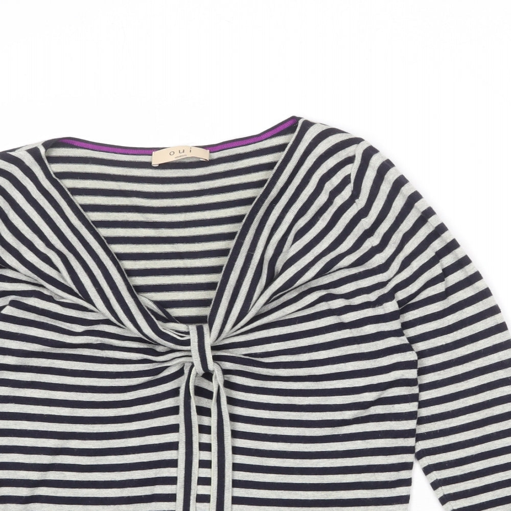 Oui Womens Grey V-Neck Striped Viscose Pullover Jumper Size 10