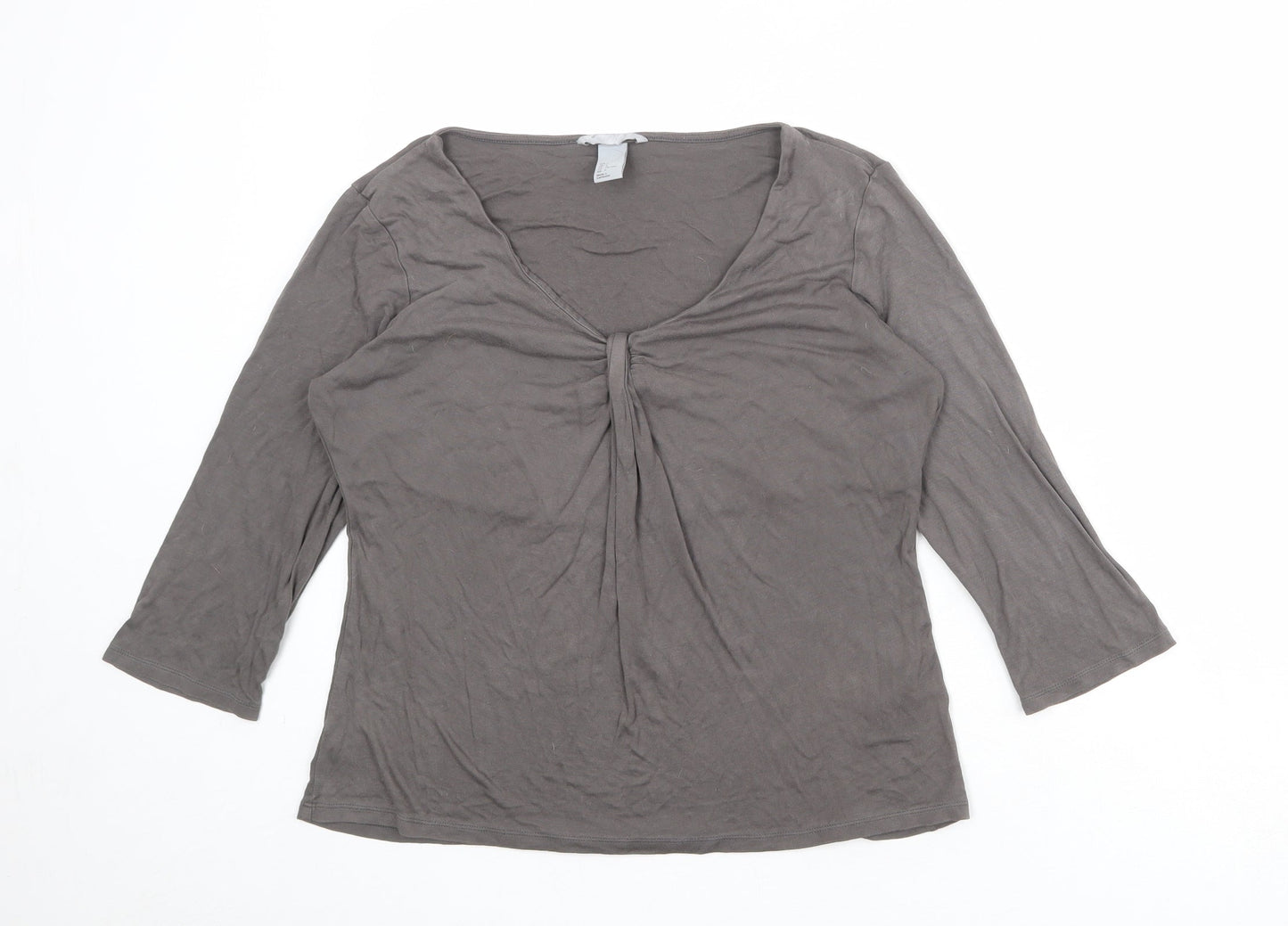 H&M Womens Grey Viscose Basic T-Shirt Size L Scoop Neck - Ruched Detail