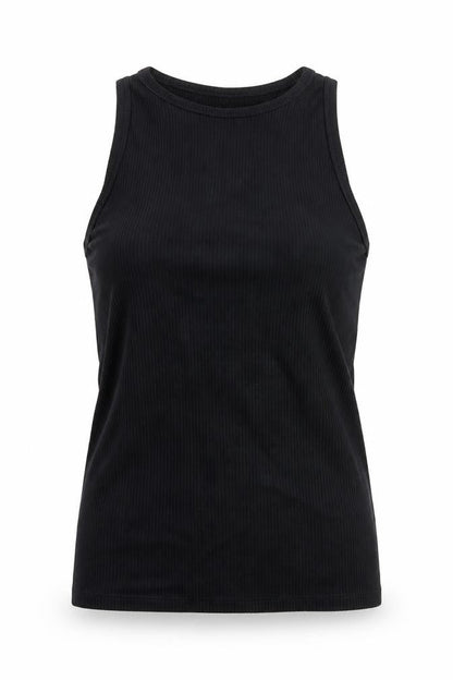 Front view of ASOS women’s black viscose basic tank, size UK 10, round neck - ribbed