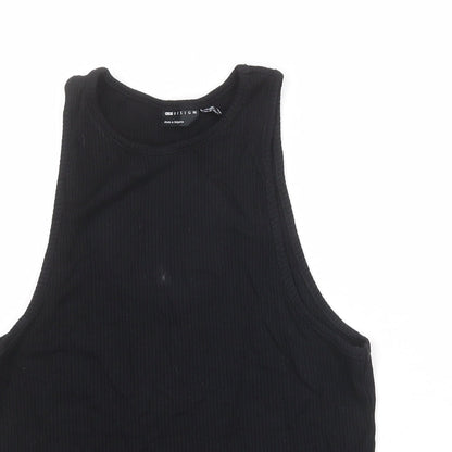 Close-up detail of ASOS women’s black viscose basic tank, size UK 10, round neck - ribbed