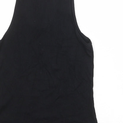 Brand and care label for ASOS women’s black viscose basic tank, size UK 10, round neck - ribbed