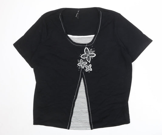 Bonmarché Womens Black Striped Polyester Basic Blouse Size XL Round Neck - Flowers