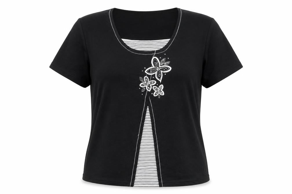 Bonmarché Womens Black Striped Polyester Basic Blouse Size XL Round Neck - Flowers