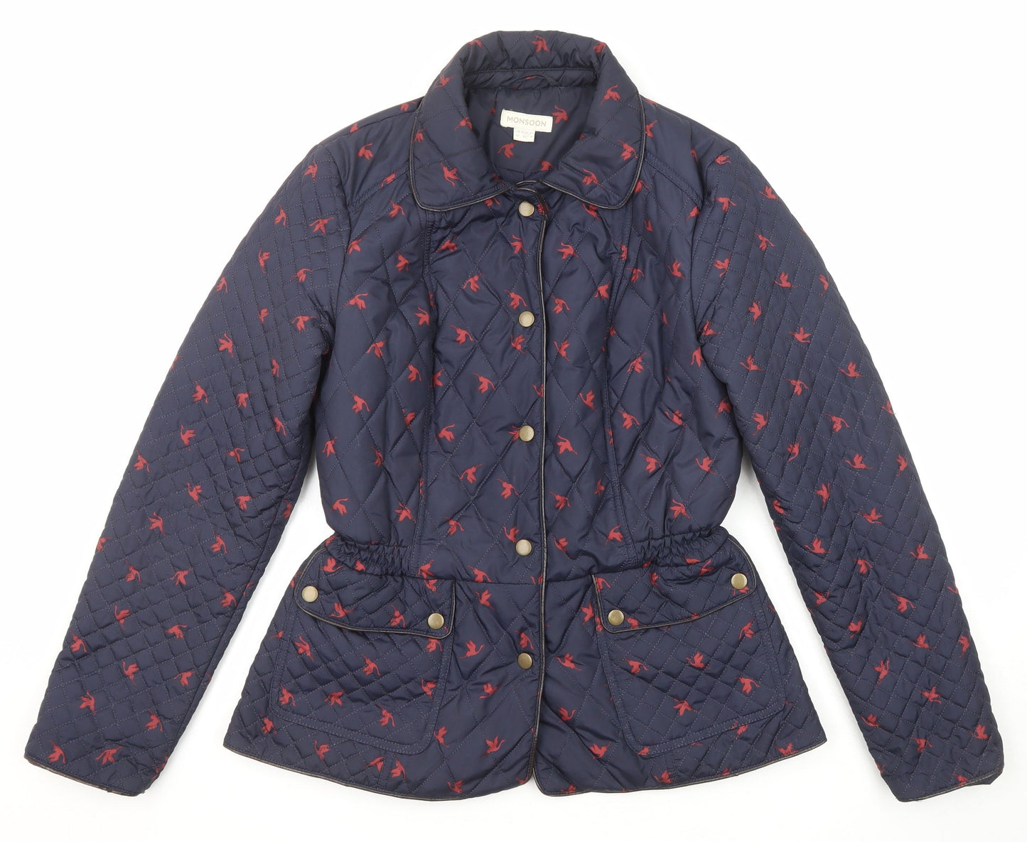 Monsoon Womens Blue Geometric Quilted Jacket Size 12 Snap