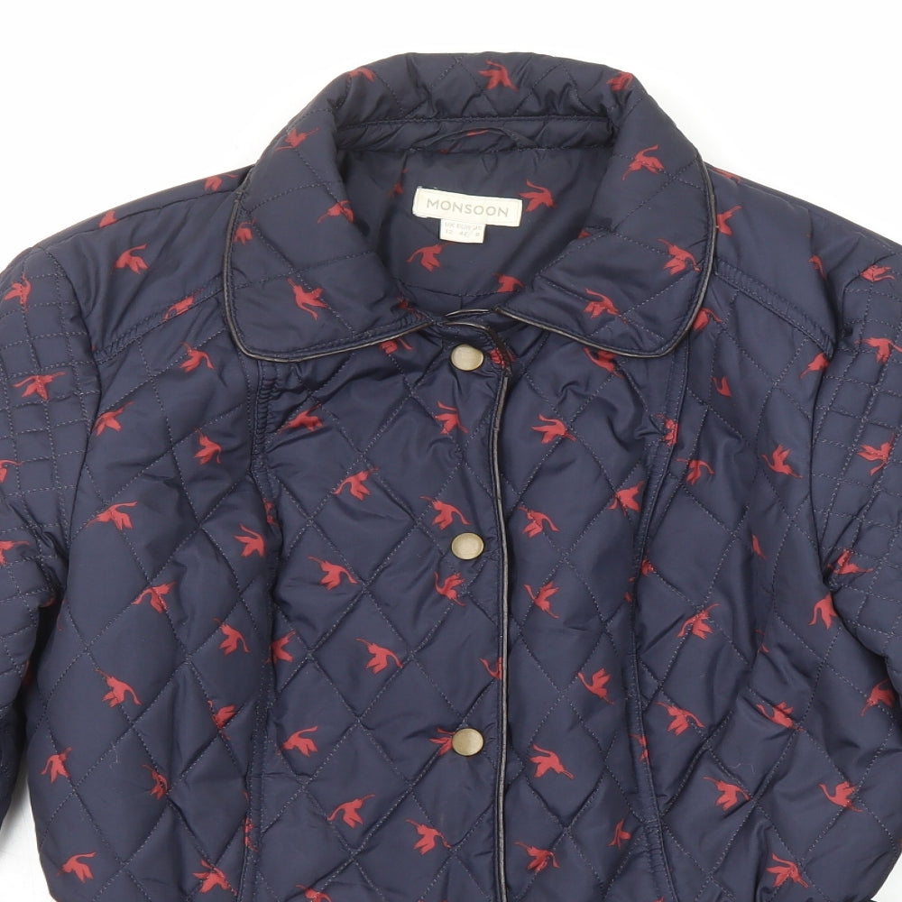 Monsoon Womens Blue Geometric Quilted Jacket Size 12 Snap