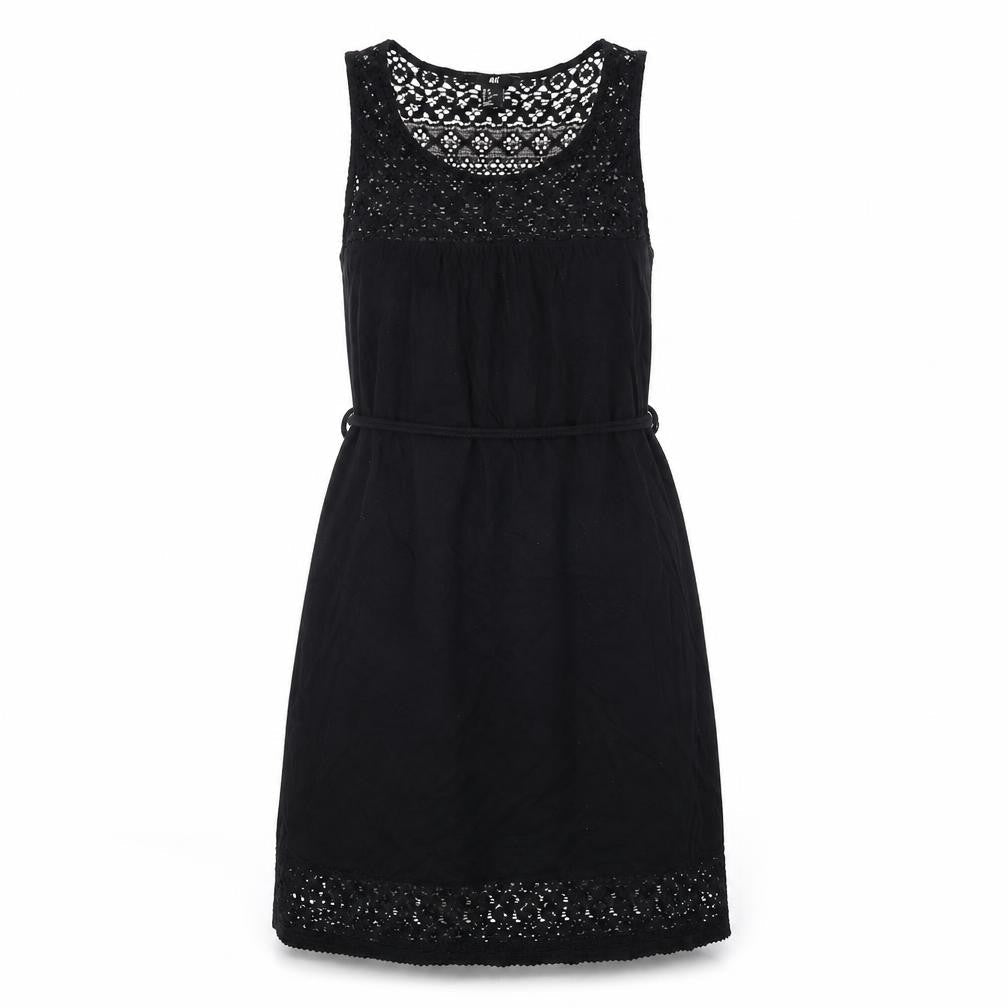 H&M Womens Black Cotton Tank Dress Size M Round Neck Pullover - Lace Details