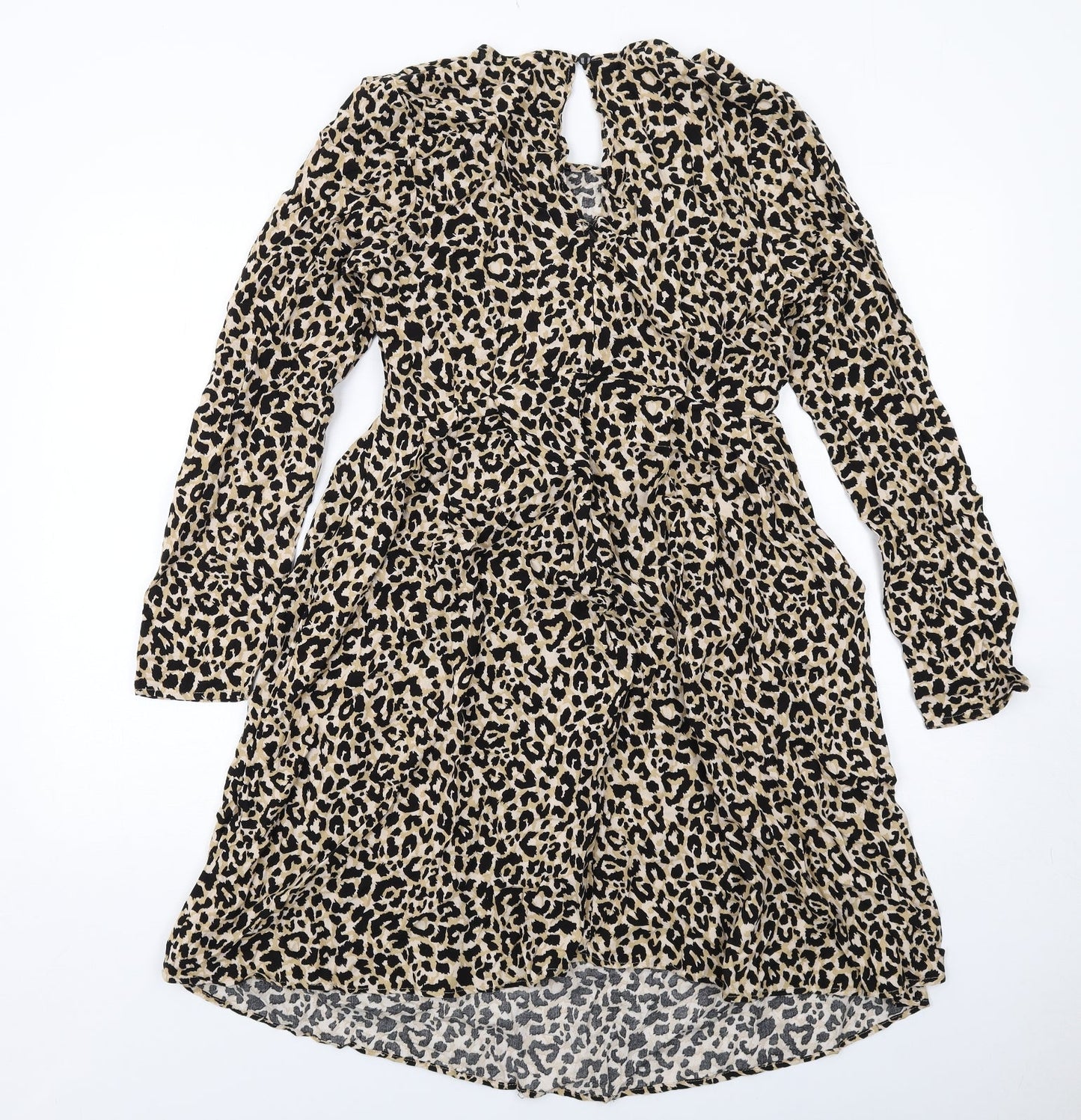 ASOS Womens Beige Animal Print Viscose A-Line Size 12 Round Neck Zip - Leopard Print , Twist Detail