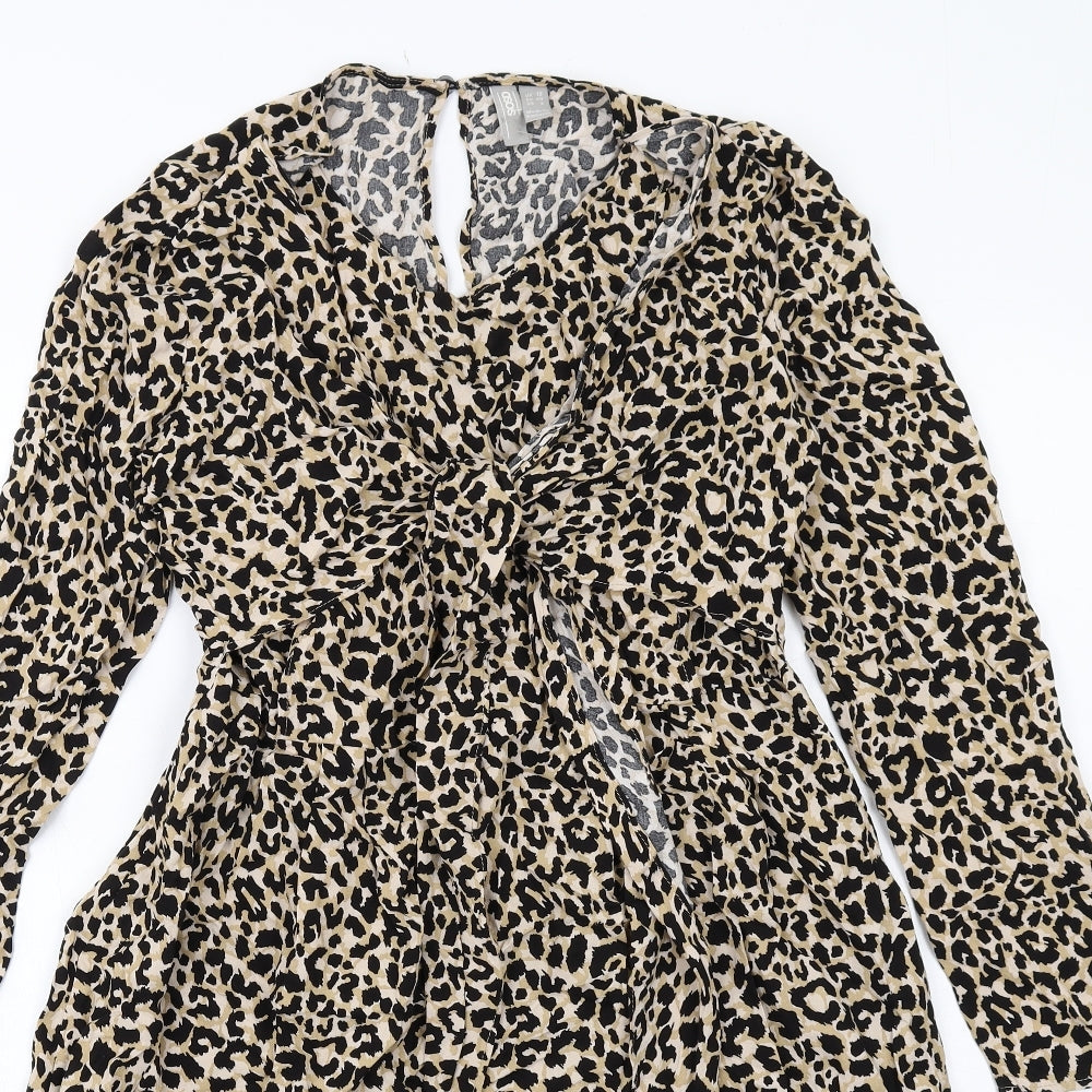 ASOS Womens Beige Animal Print Viscose A-Line Size 12 Round Neck Zip - Leopard Print , Twist Detail
