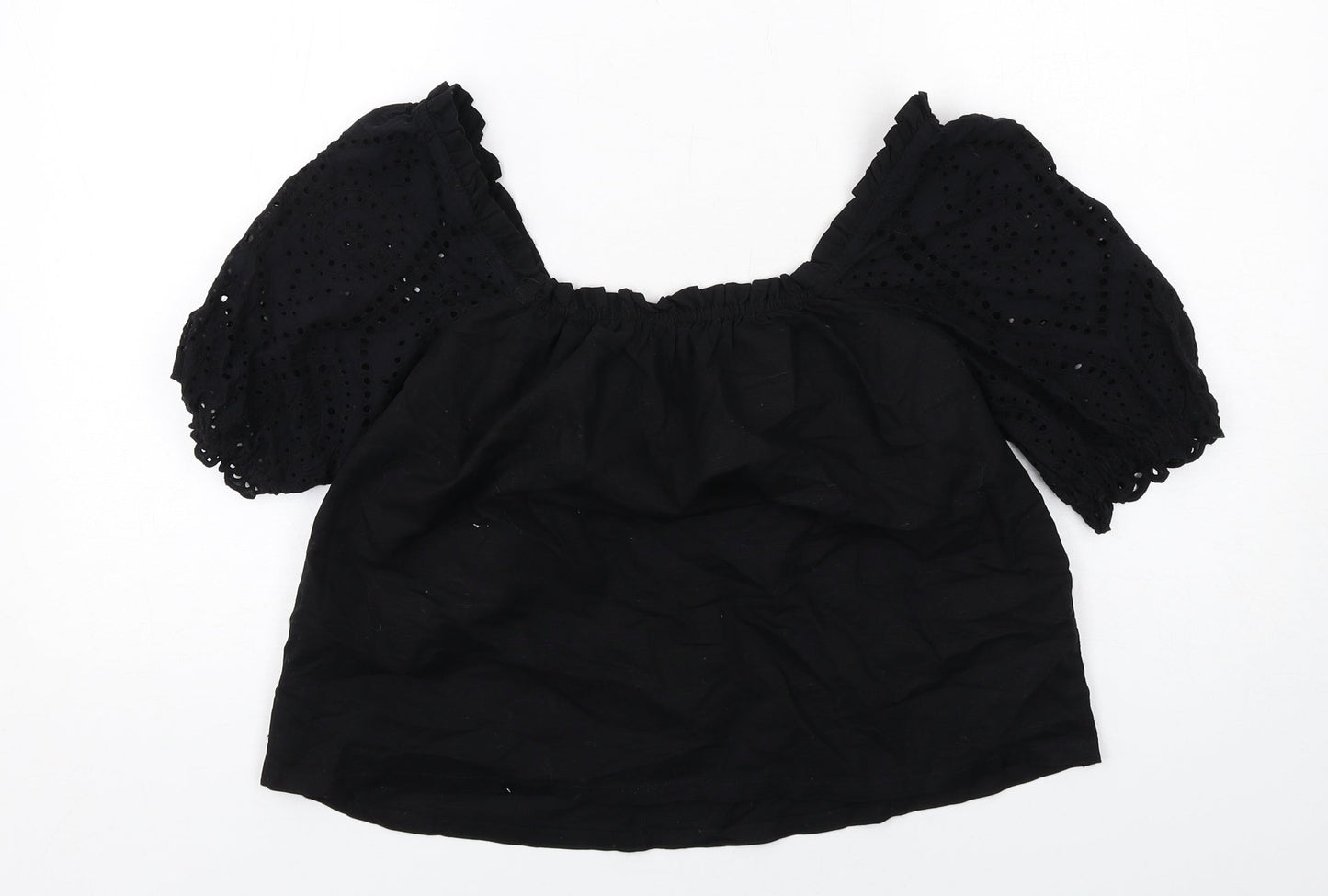 Lipsy Womens Black Cotton Cropped Blouse Size 10 Round Neck - Broderie Anglaise