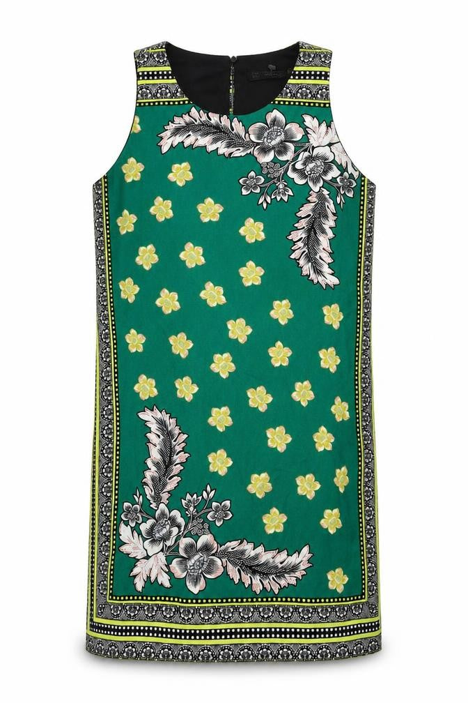Zara Womens Green Geometric Polyester Sheath Size S Round Neck Button