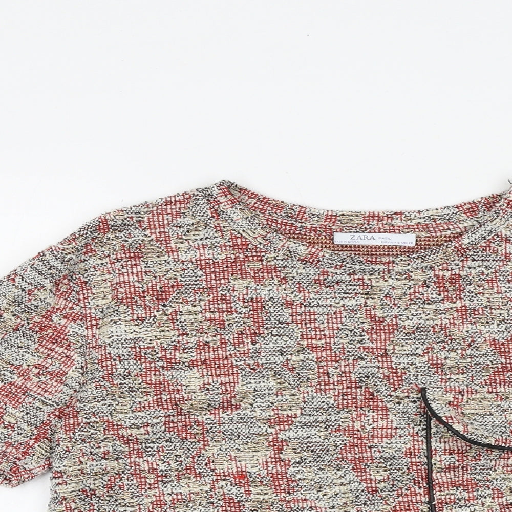 Zara Womens Multicoloured Geometric Polyester Basic T-Shirt Size S Round Neck