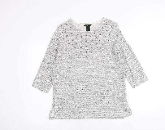 H&M Womens Grey Geometric Cotton Basic Blouse Size S Round Neck
