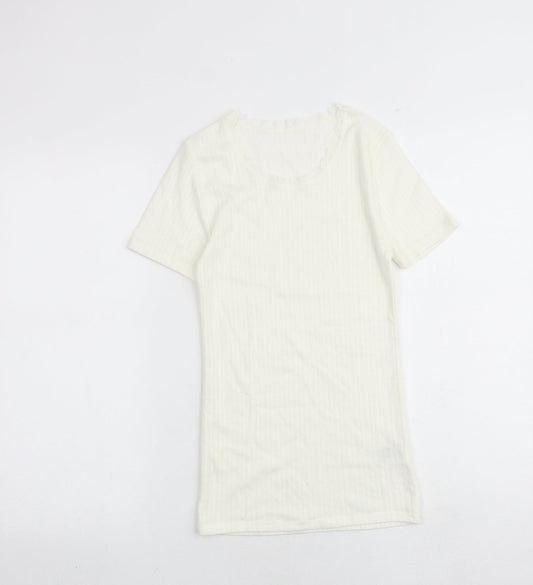 Marks and Spencer Womens Ivory Polyester Basic T-Shirt Size 8 Boat Neck - Lace Trim