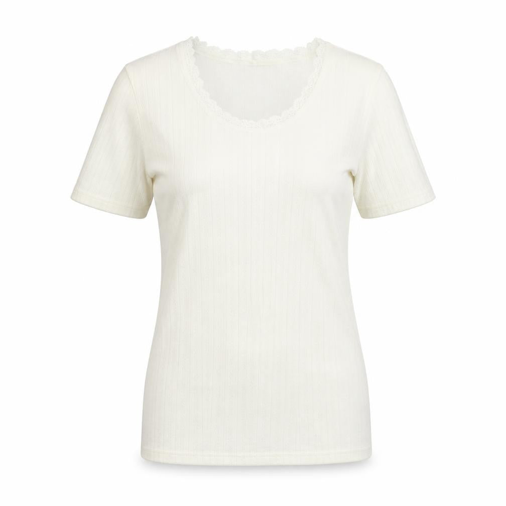 Marks & Spencer Womens Ivory Polyester Basic T-Shirt Size 8 Boat Neck - Lace Trim