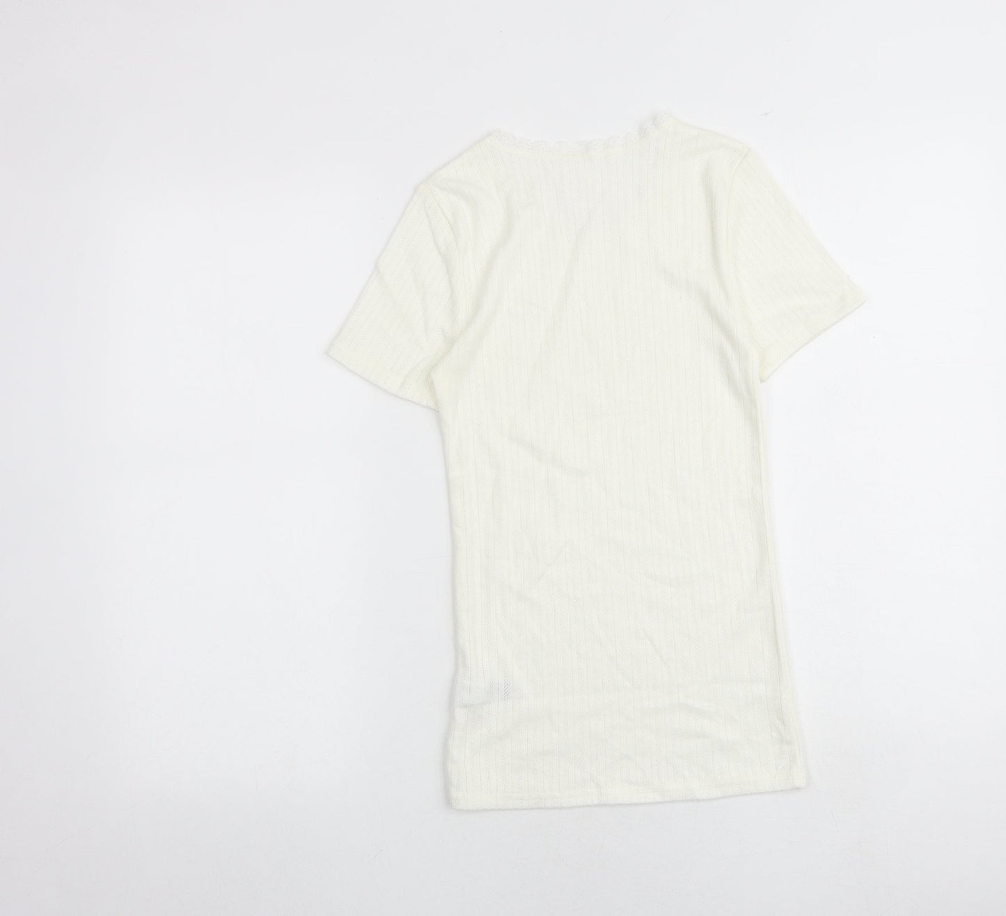 Marks and Spencer Womens Ivory Polyester Basic T-Shirt Size 8 Boat Neck - Lace Trim