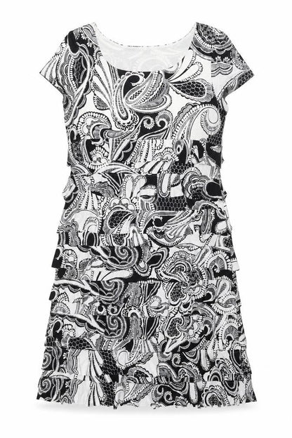 Front view of Roman women’s black geometric polyester shift, size UK 14, round neck pullover