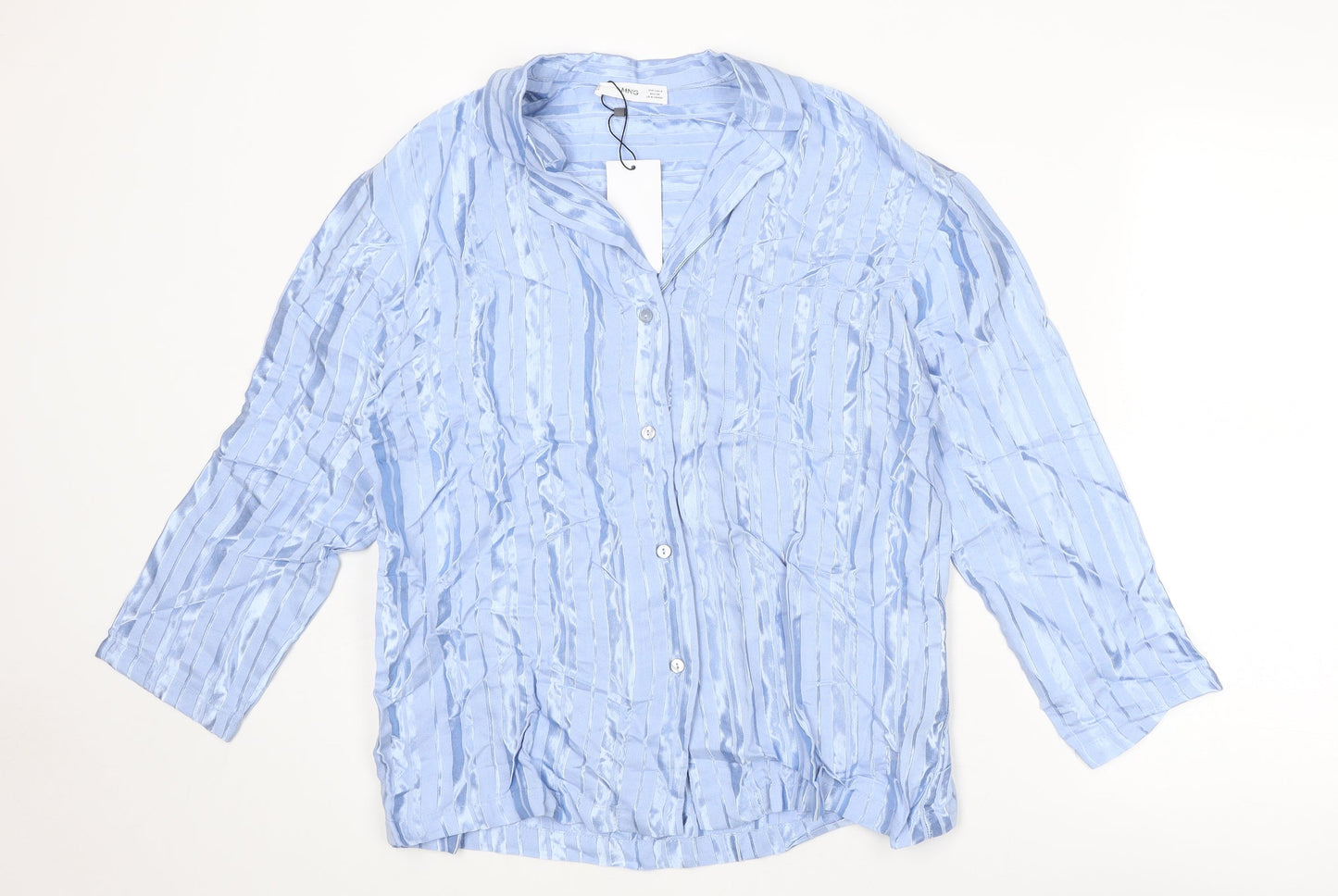 Mango Womens Blue Striped Polyester Basic Button-Up Size S Collared