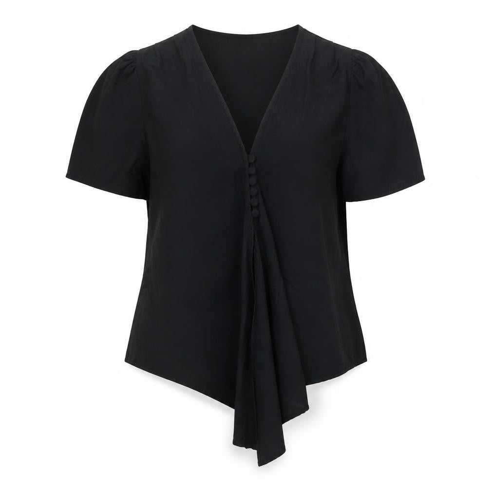 Zara Womens Black Lyocell Basic Blouse Size M V-Neck