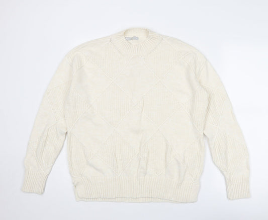 Marks and Spencer Womens Ivory Mock Neck Argyle/Diamond Cotton Pullover Jumper Size M