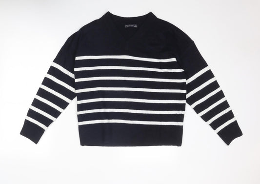 Marks and Spencer Womens Blue V-Neck Striped Polyester Pullover Jumper Size M