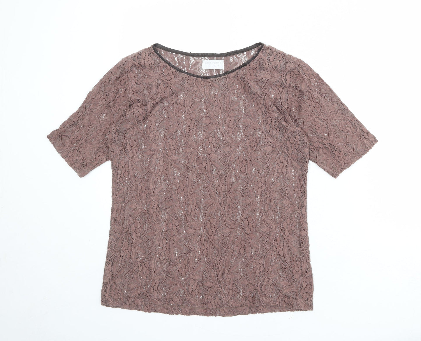 Zara Womens Pink Polyester Basic T-Shirt Size L Round Neck