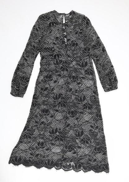 Zara Womens Black Floral Polyester A-Line Size S Round Neck Button