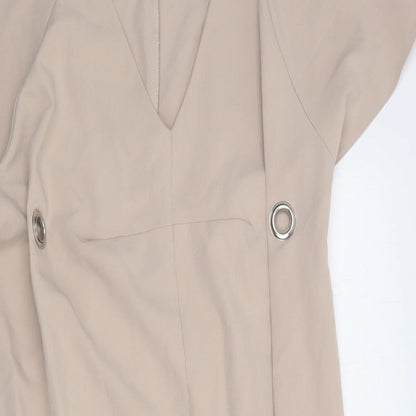 Close-up detail of ASOS women’s beige polyester shift, size UK 10, v-neck pullover