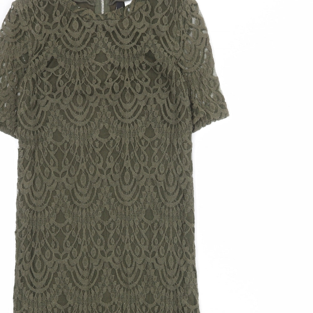 Divided by H&M Womens Green Geometric Cotton A-Line Size 10 Round Neck Zip