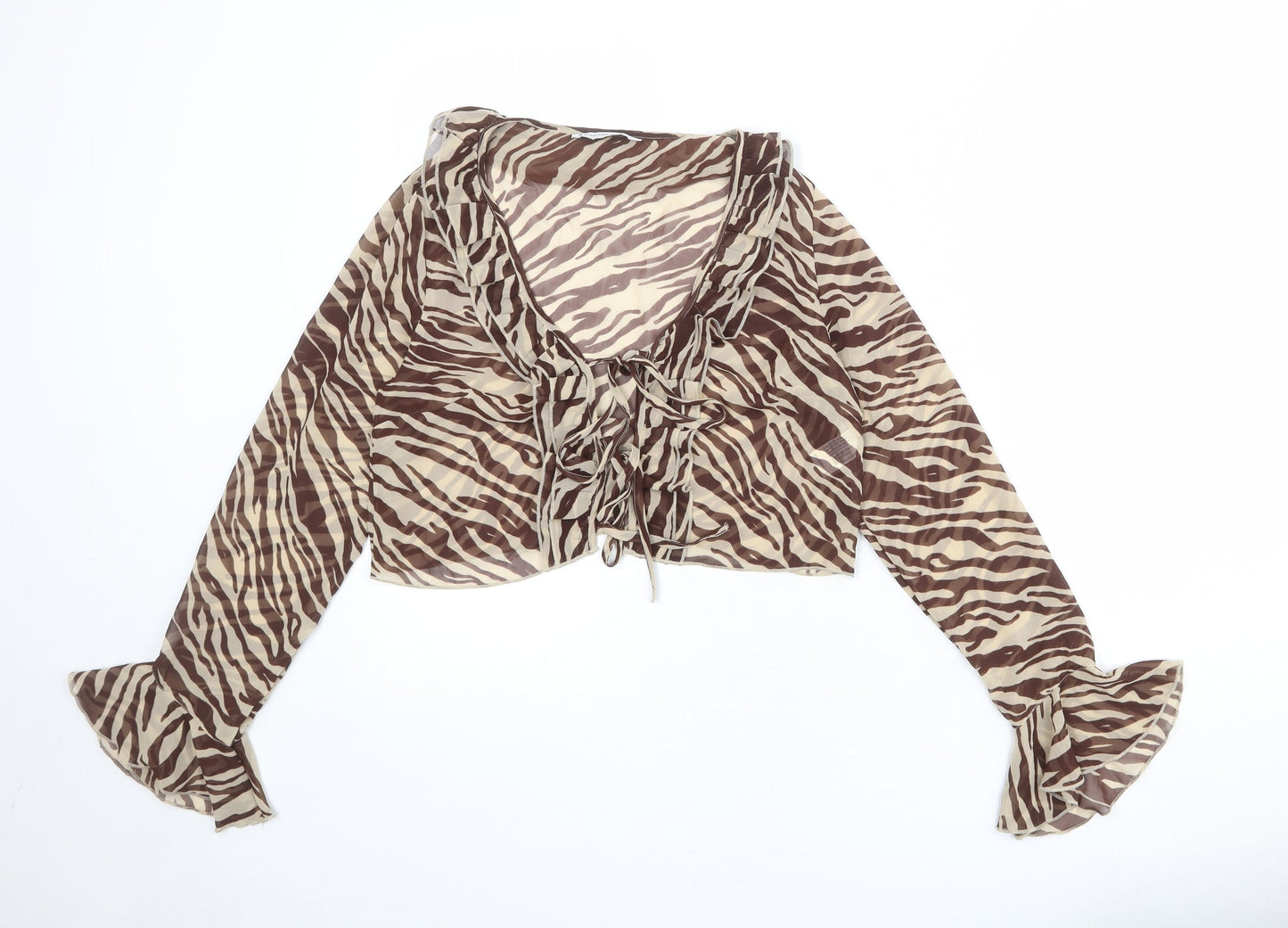 Stradivarius Womens Beige Animal Print Polyester Cropped Blouse Size M Round Neck - Tiger print