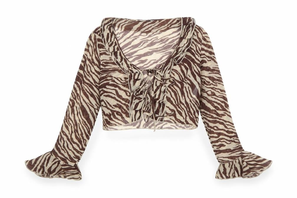 Stradivarius Womens Beige Animal Print Polyester Cropped Blouse Size M Round Neck - Tiger print