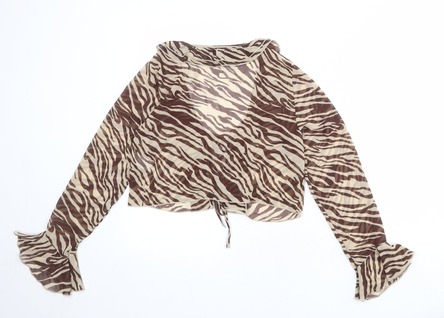 Stradivarius Womens Beige Animal Print Polyester Cropped Blouse Size M Round Neck - Tiger print