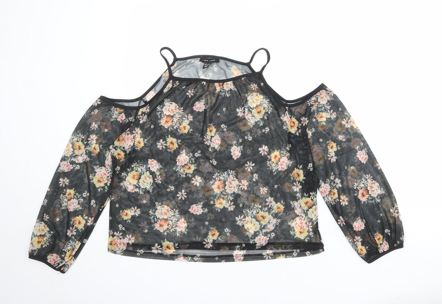 New Look Womens Black Floral Polyester Basic Blouse Size 12 Square Neck - Cold Shoulder