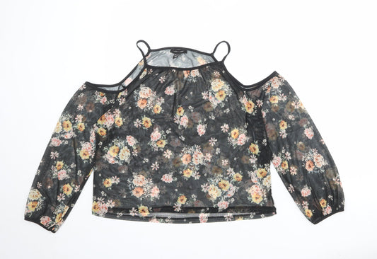 New Look Womens Black Floral Polyester Basic Blouse Size 12 Square Neck - Cold Shoulder