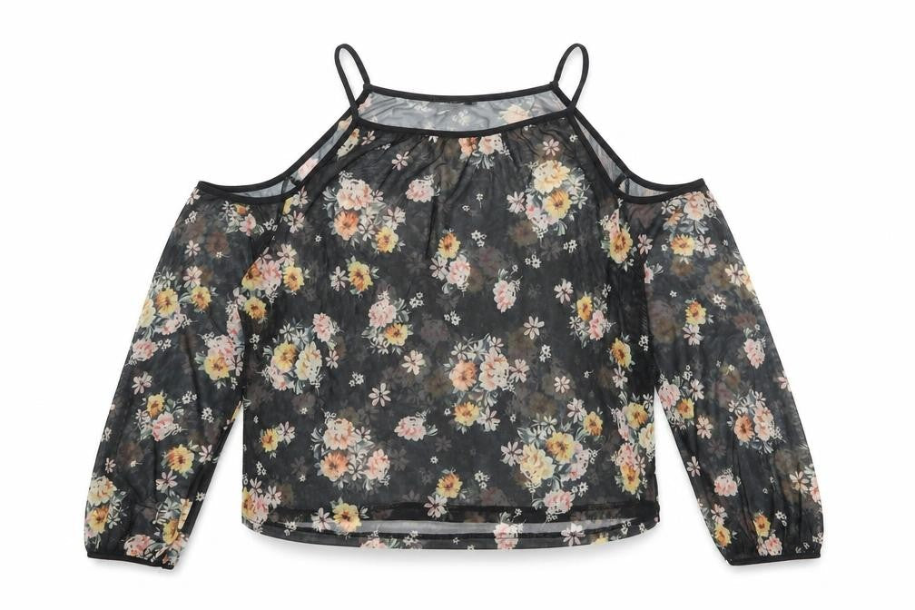 New Look Womens Black Floral Polyester Basic Blouse Size 12 Square Neck - Cold Shoulder