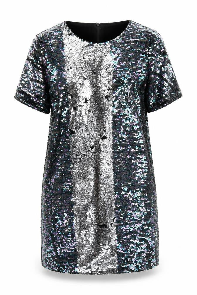 Glamorous Womens Black Polyester A-Line Size S Round Neck Zip - Reversible sequin