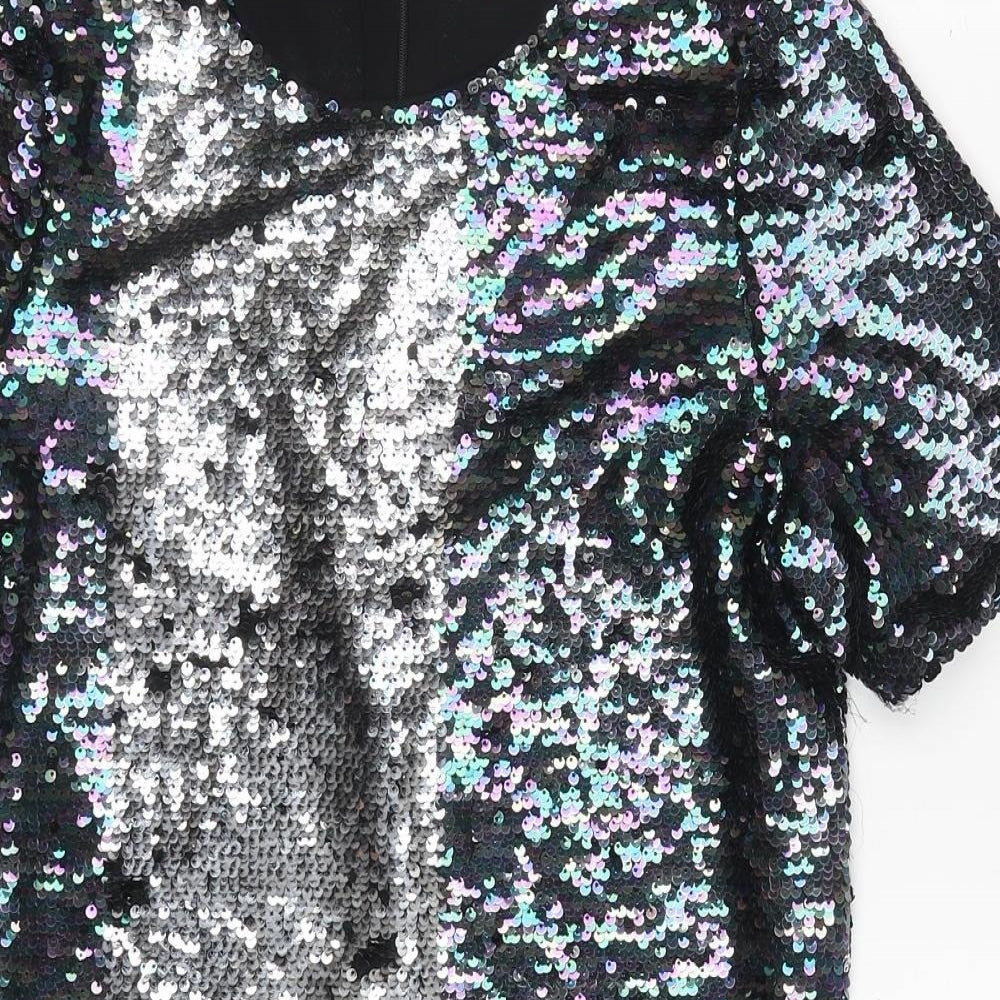 Glamorous Womens Black Polyester A-Line Size S Round Neck Zip - Reversible sequin