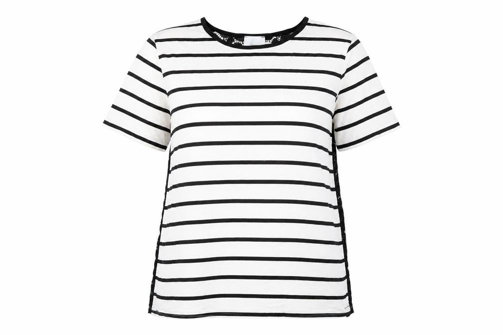 ASOS Womens White Striped Viscose Basic T-Shirt Size 12 Round Neck - Lace Details