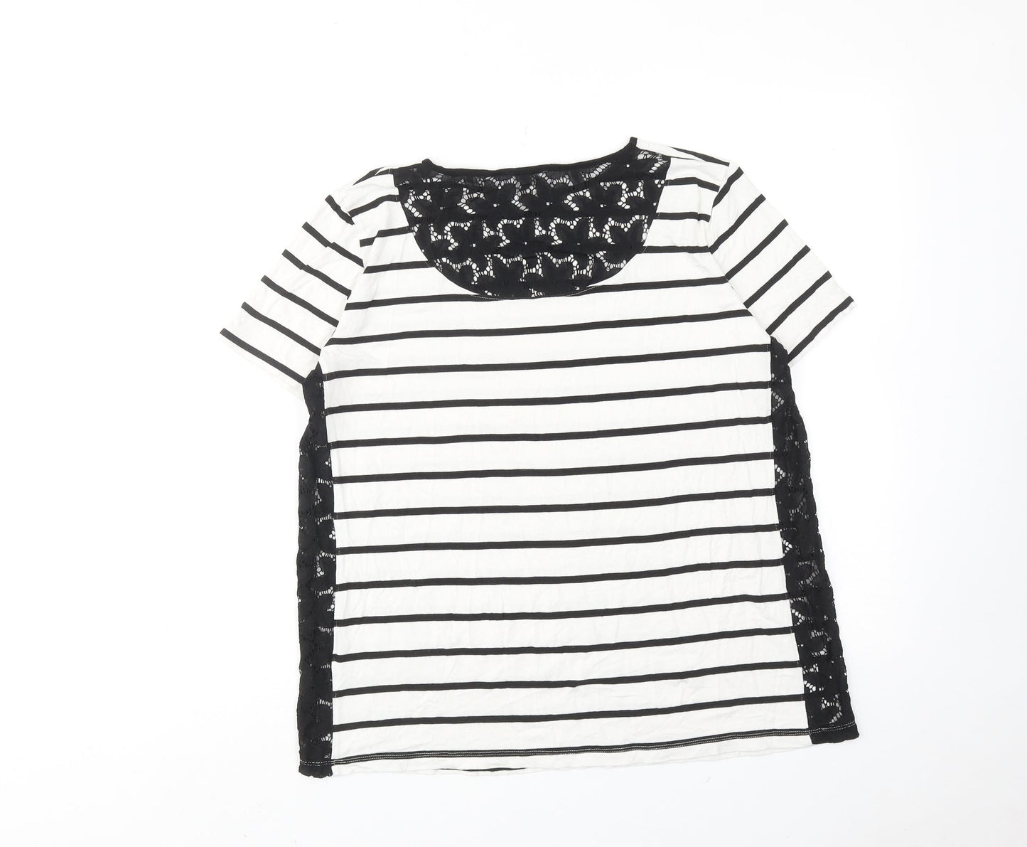 ASOS Womens White Striped Viscose Basic T-Shirt Size 12 Round Neck - Lace Details