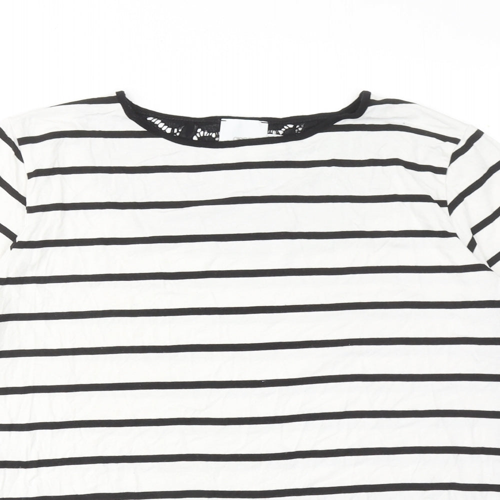 ASOS Womens White Striped Viscose Basic T-Shirt Size 12 Round Neck - Lace Details
