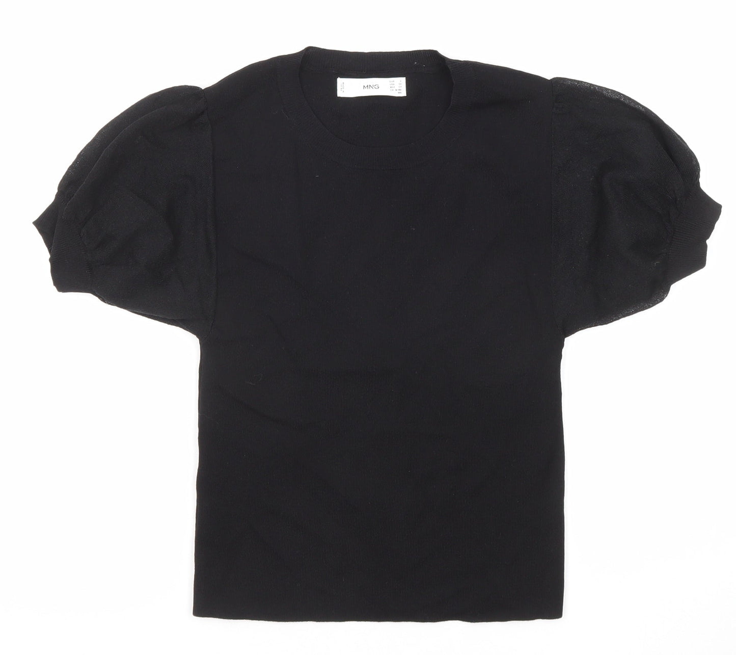 Mango Womens Black Cotton Basic T-Shirt Size S Crew Neck - Puff Sleeve