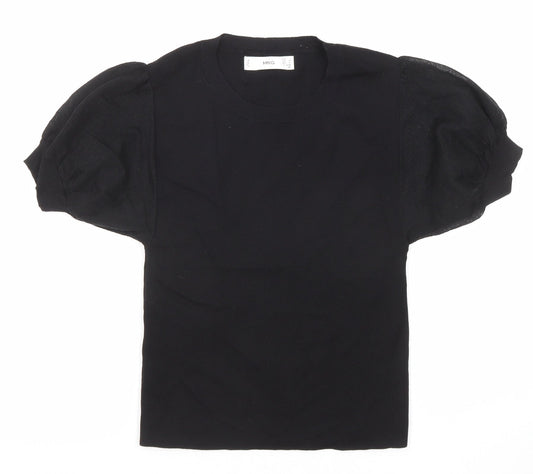 Mango Womens Black Cotton Basic T-Shirt Size S Crew Neck - Puff Sleeve