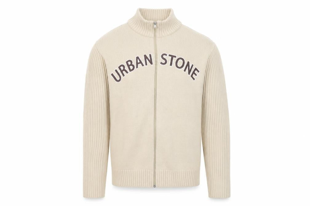 Urban Stone Mens Beige Mock Neck Acrylic Full Zip Jumper Size L Long Sleeve