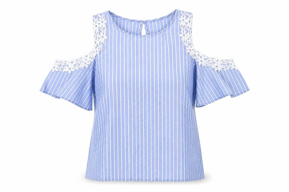LCW Casual Womens Blue Striped Cotton Basic T-Shirt Size S Round Neck - Cold Shoulder, Lace Detail