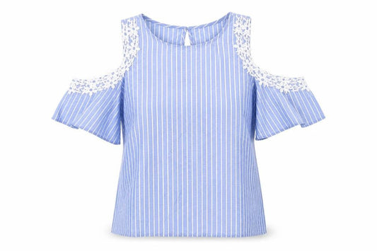 LCW Casual Womens Blue Striped Cotton Basic T-Shirt Size S Round Neck - Cold Shoulder, Lace Detail