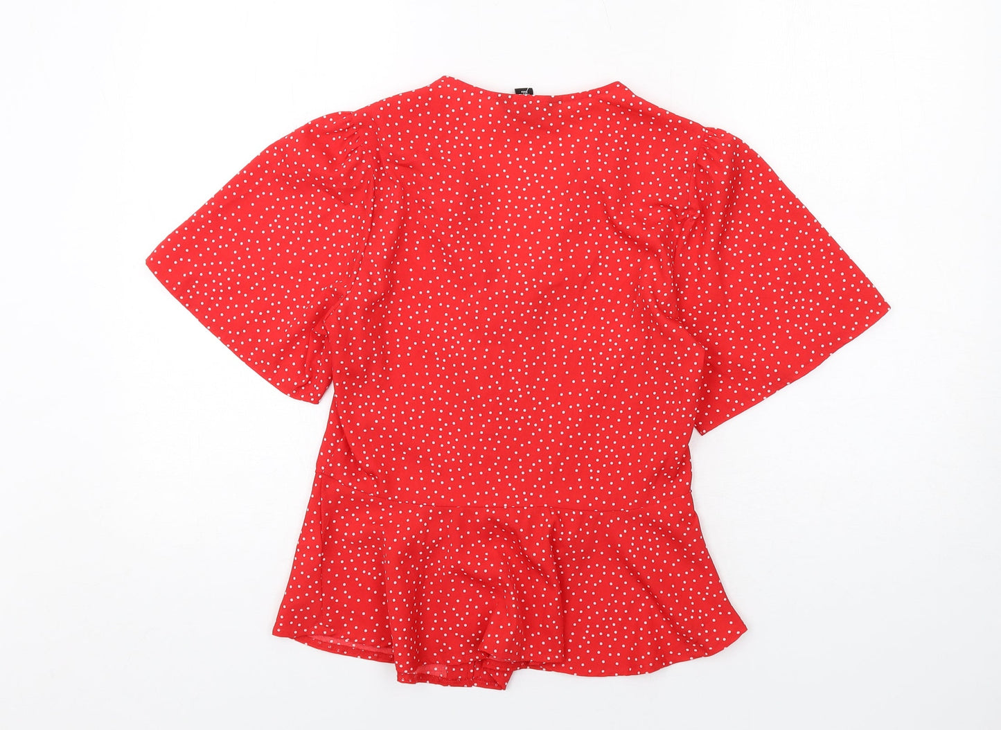 New Look Womens Red Polka Dot Polyester Basic Blouse Size 6 V-Neck