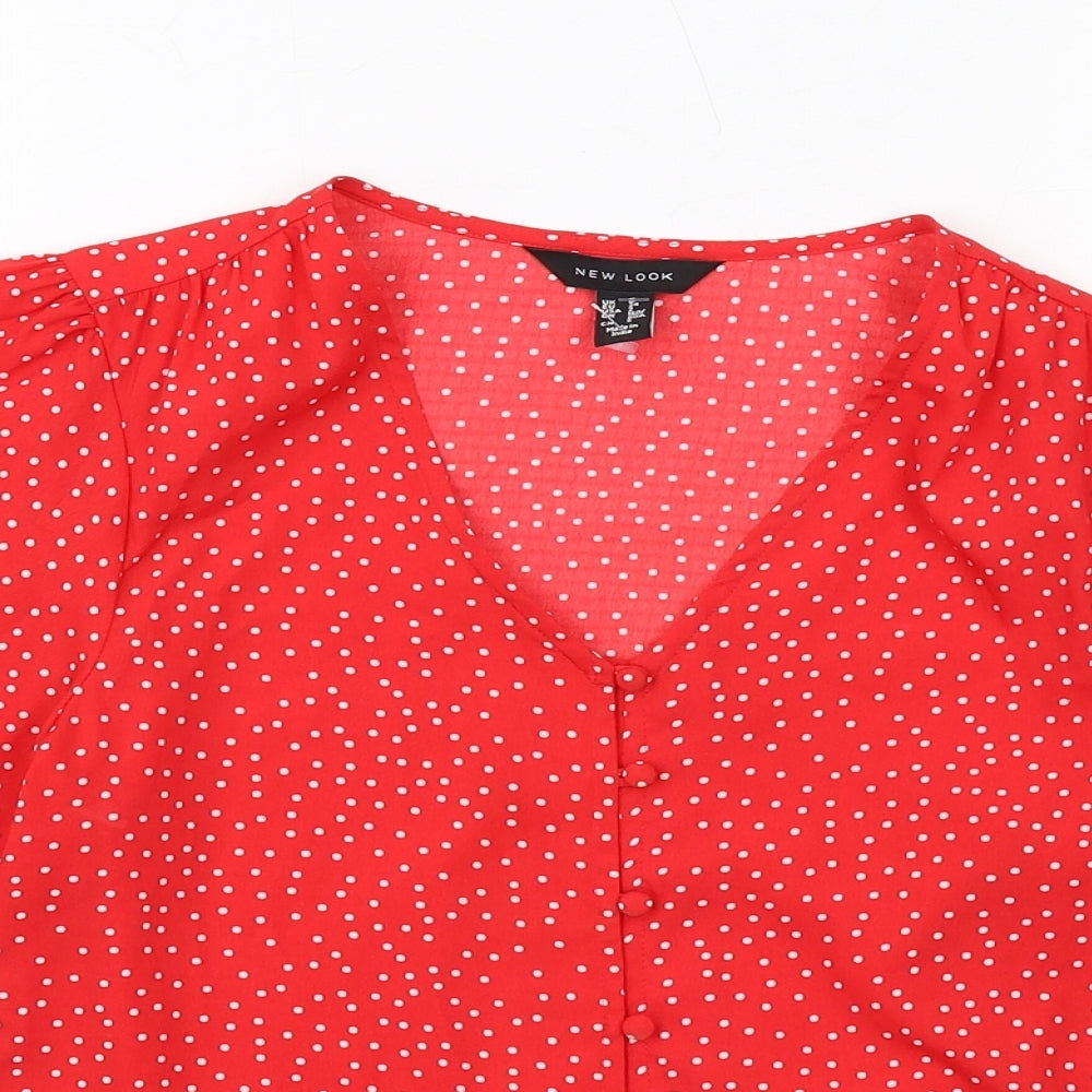 New Look Womens Red Polka Dot Polyester Basic Blouse Size 6 V-Neck