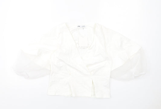Zara Womens White Viscose Cropped Blouse Size S V-Neck