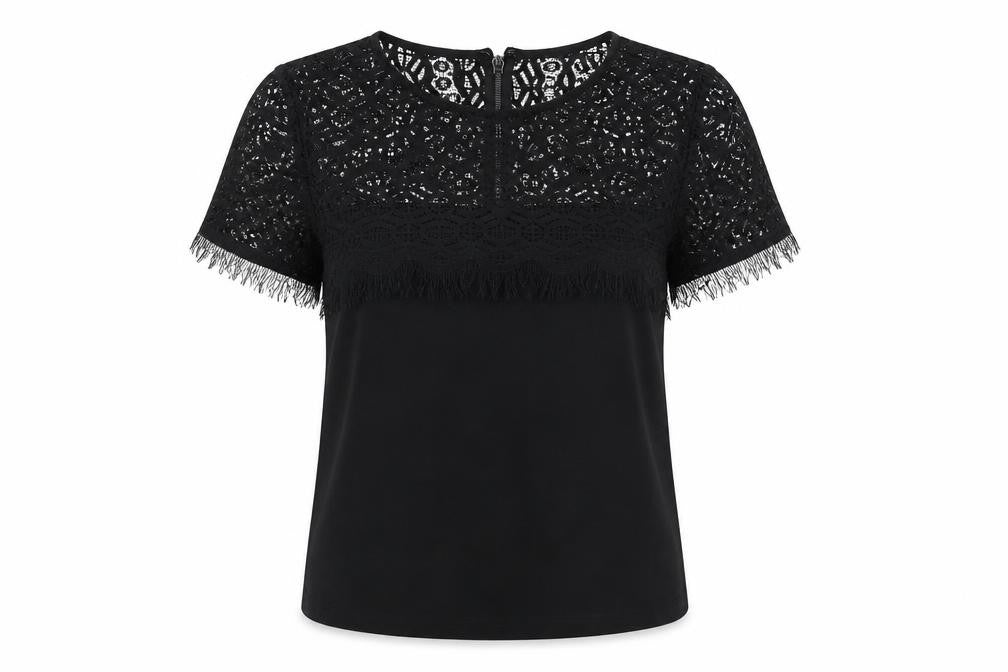 Topshop Womens Black Polyester Basic Blouse Size 8 Round Neck - Lace Details