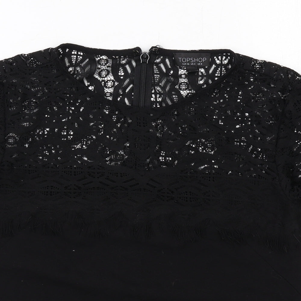 Topshop Womens Black Polyester Basic Blouse Size 8 Round Neck - Lace Details