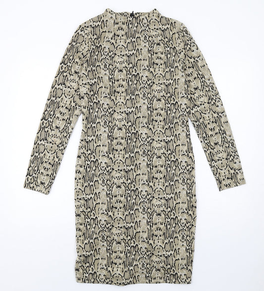 Marks and Spencer Womens Beige Animal Print Polyester A-Line Size 10 Round Neck Zip - Snakeskin pattern